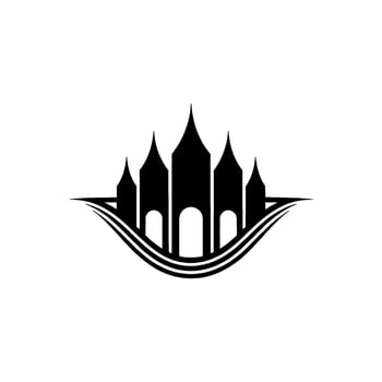 Gothic Citadel Silhouette, Wave Crest Emblem vector