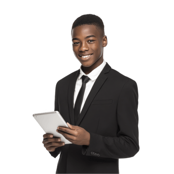 Young black businessman in formal suit holding paper isolated on transparent background png