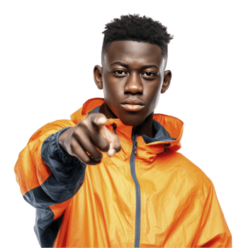 Teenage boy in orange and navy jacket pointing forward isolated on transparent background png