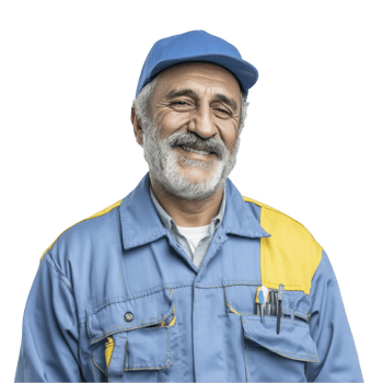 Smiling mature indian mechanic in blue jumpsuit with cap isolated on transparent background png