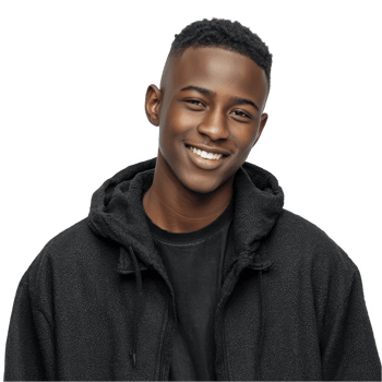 Young black teenager in dark hoodie smiling casually isolated on transparent background png