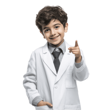 Happy little boy in doctor costume pointing forward with joyful smile isolated on transparent background png