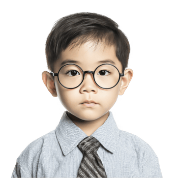 Smart young boy with round glasses looking serious in formal shirt isolated on transparent background png
