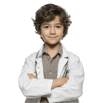 Cute little boy dressed as doctor in white coat smiling gently isolated on transparent background png