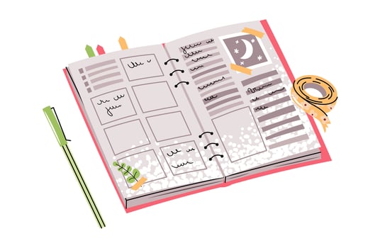 Open Planner with Pen and Notes in Flat Style on White Background. Versatile Design for Office Planning and School Organization. Perfect for, Educational Materials, Social Media Content, and Printable vector
