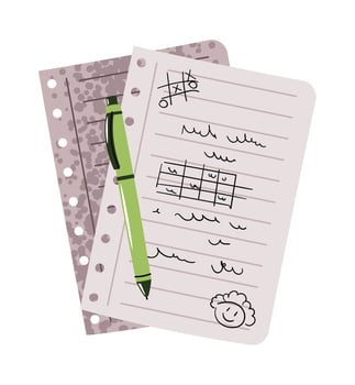 Notebook Paper Sheets with Scribbles and Handwritten Notes in Flat Style. Lined Pages with Pen for School, Office, and Creative Projects. Ideal for Education Content, Planner Sticker, and Social Media vector