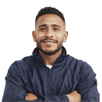 Smiling man in navy windbreaker with arms crossed isolated on transparent background png