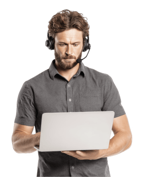 Bearded man in grey polo shirt using laptop while standing isolated on transparent background png