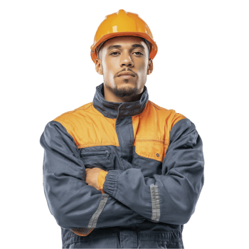 Serious male construction worker in blue uniform and orange vest with folded arms isolated on transparent background png