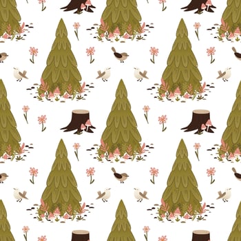 Whimsical tree and bird pattern vector