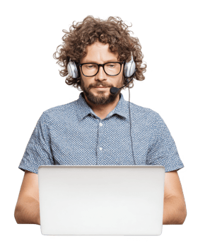 Curly haired man in blue checkered shirt working on laptop smiling isolated on transparent background png