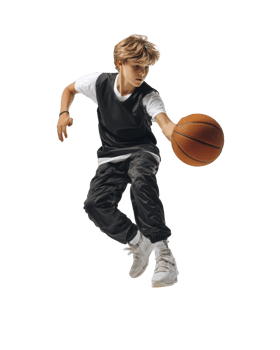 Boy in sportswear bouncing basketball in motion isolated on transparent background png