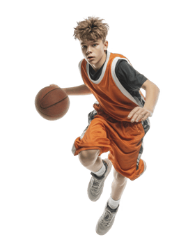 Jumping young basketball player in orange uniform performing slam dunk isolated on transparent background png