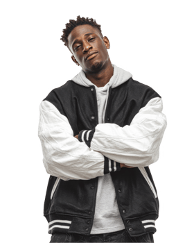 Cool young boy with folded arms in black and white sporty outfit isolated on transparent background png