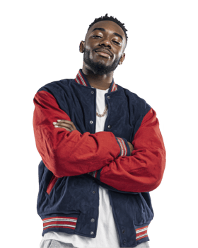 Teen boy in red and blue varsity jacket with folded arms isolated on transparent background png