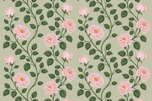 A pattern with pink roses and green leaves vector