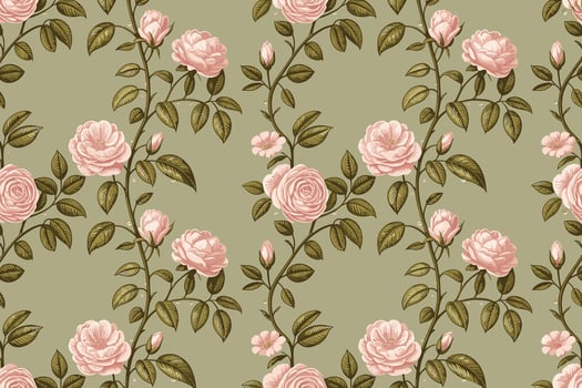 A pattern with pink roses on green background vector