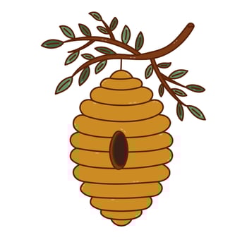 Lovely colored doodle wild beehive hanging on tree foliage branch. Childish hand drawn wild natural bee hive, honeybee nest. Cute classic home of honey bees isolated on white background for poster. vector