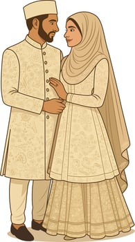 Elegant Muslim Wedding Couple in Cream Traditional Attire Nikah Ceremony Illustration vector