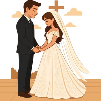 Christian Church Wedding Couple Illustration Bride in Gown and Groom in Suit Holding Hands vector