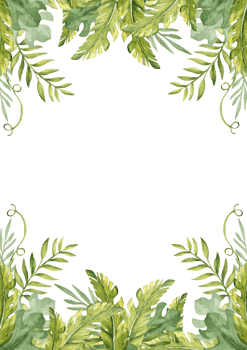 Watercolor Tropical Leaves card template. Summer vertical square Frame, border. Botanical illustration of Exotic plants. For greeting cards invitations, save the date, poster design. png