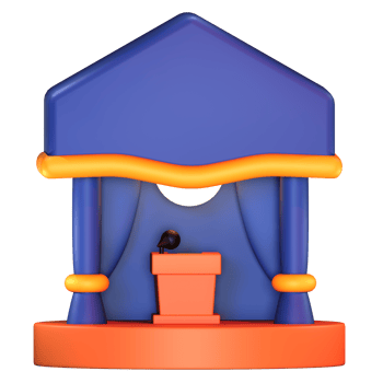 A blue and orange house with a podium on top png