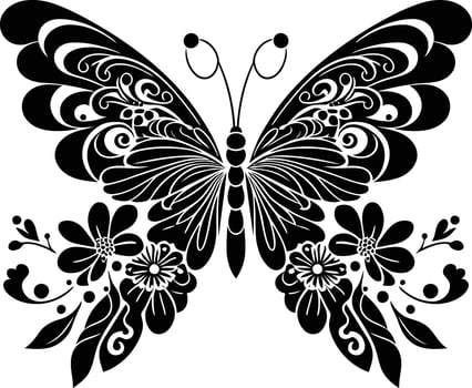 Intricate butterfly tattoo design adorned with blossoming floral accents in bold vector