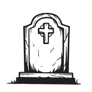 Hand drawn vintage art silhouette of a gravestone with a christian cross on white background vector