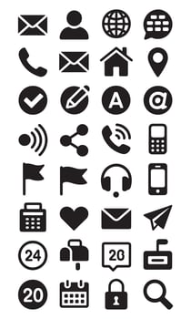Black and white illustration of various communication and interface icons vector
