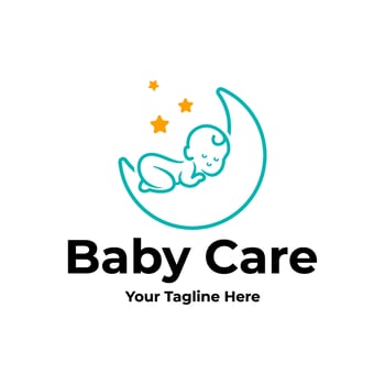 cute baby sleeping on crescent moon logo design illustration vector