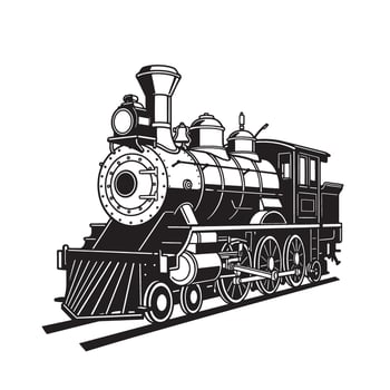 Classic vintage art silhouette of a detailed steam locomotive on railroad tracks vector