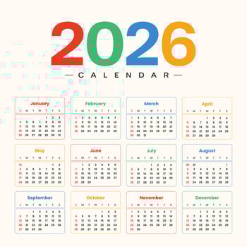 Colorful 2026 printable calendar template with monthly layout for yearly planning vector