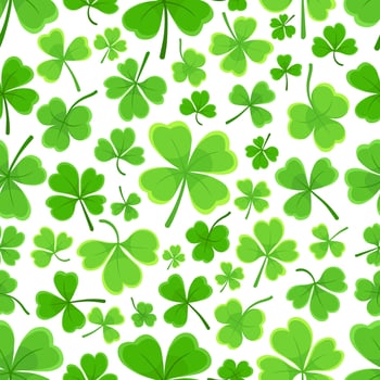 Shamrock or clover leaf flat design green seamless pattern falling leaves on white background illustration vector