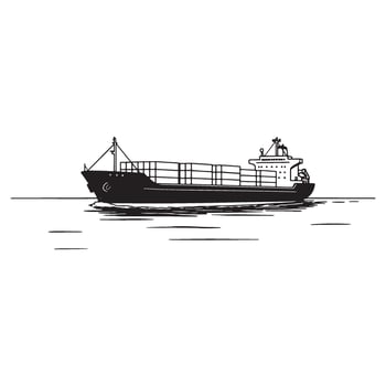 Black and white illustration of a cargo ship sailing across the ocean on a sunny day vector