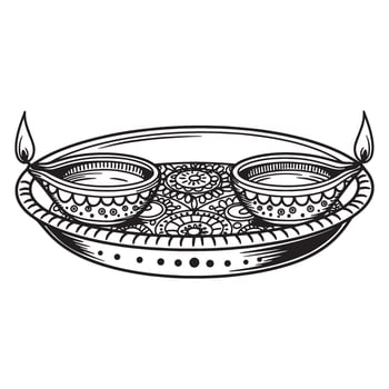 Traditional indian diya oil lamps on a decorative plate black and white illustration vector