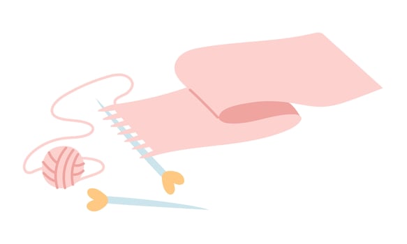 scarf is knitted using needles and cotton threads in a ball, hand-made. cozy atmosphere. flat, colored, isolated illustration. For postcards, packaging design, posts, prints, and romantic projects vector