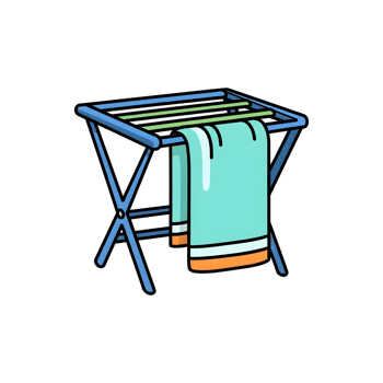 Clothes drying rack with teal towel png
