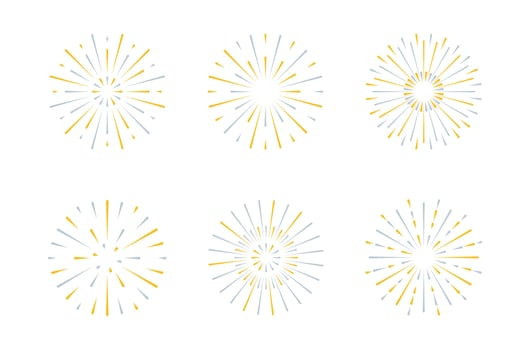 Fireworks flat style set isolated. Beautiful golden yellow Bright decoration Christmas card, Happy New Year celebration, anniversary, festival. Simple explosions of festive sparks. vector