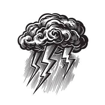Vintage art silhouette of a stormy weather cloud with lightning and rain against white background vector