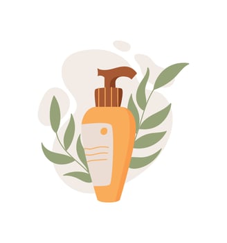 Flat bottle of organic cream and lotion for skincare and beauty. Cosmetic product placed next to plant elements. Concept of eco care, suitable for spa bodycare themes. vector