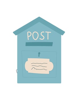 Flat postbox icon for mail delivery with a note and envelope. Concept of message, letter, and correspondence. Creative visual style, suitable for stationery or holiday invitations. vector
