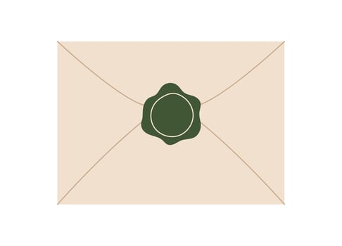Flat envelope with wax seal and handwritten letter. Vintage postal message for love invitation or holiday greeting. Concept of correspondence, romance, and creative communication. vector