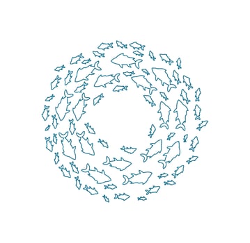 outline fish school silhouette. Many aquatic creatures swim in an ocean pattern. Underwater life, doodle style, perfect for marine projects or aquarium decor. vector
