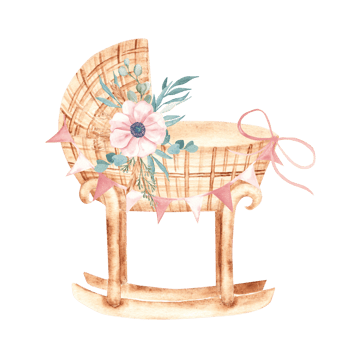 Watercolor illustration of Baby Girl cradle from rattan decorated with Bunting Party Flags and anemone bouquet. Hand drawn Crib illustration in retro style. For newborn greeting or birthday cards png