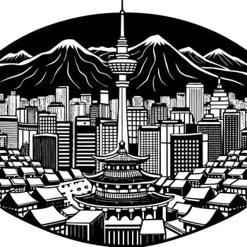 A detailed black and white illustration of a traditional Japanese cityscape with pagodas, modern skyscrapers, and mountains in the background vector
