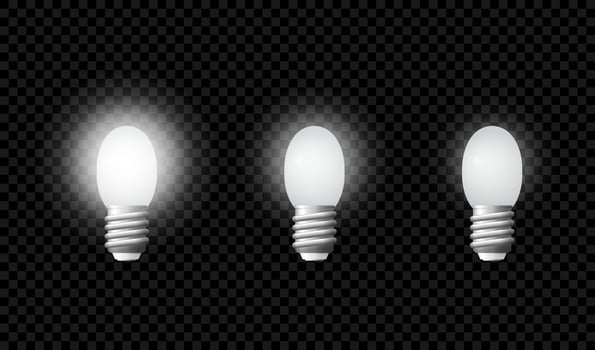 Light bulbs showing different light intensities, from very bright to almost off, isolated on dark background, concepts of energy saving and electricity cost vector