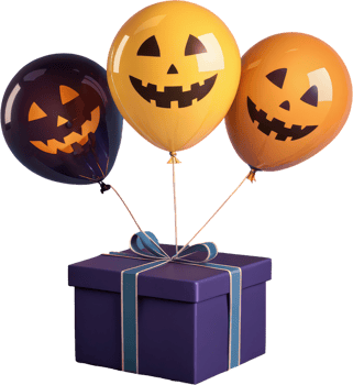 Spooky jack o lantern balloons and purple present for halloween png