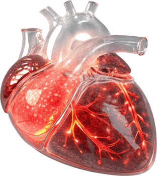 Translucent human heart model revealing internal anatomy and vessels png
