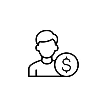 Simple line icon of a person with a dollar sign, representing finance, banking, and wealth. vector