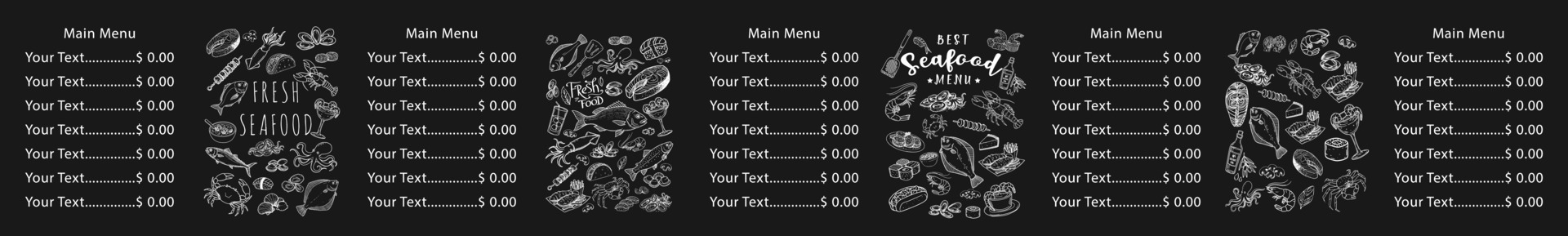 Hand-drawn seafood flavor. Restaurant menu complete with shrimps, salmon, mussels, oysters and calamari. vector